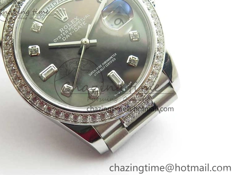 MiroTime 0309 SmoothTexture Day-Date 36mm 128239 SS Crystal BP Best Edition Black MOP Crystal Marker Dial on SS President Bracelet A 2681